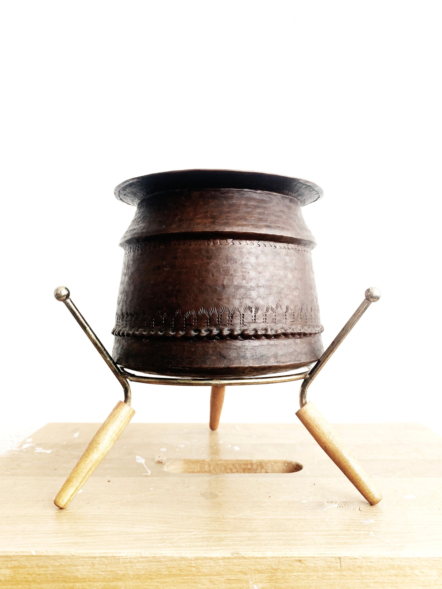 Mid Century Stand with Antique Copper Pot