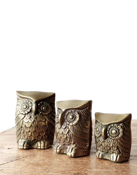 Vintage Solid Brass Owl Trio
