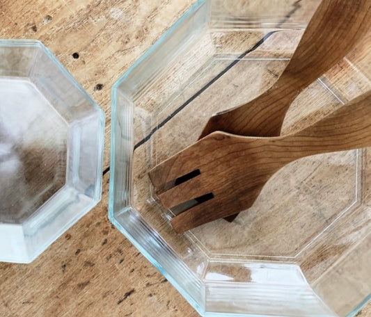 Vintage French Arcoroc Clear Glass Set with Wood Servers