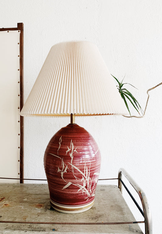 Large Vintage Ceramic Lamp with Pleated Shade