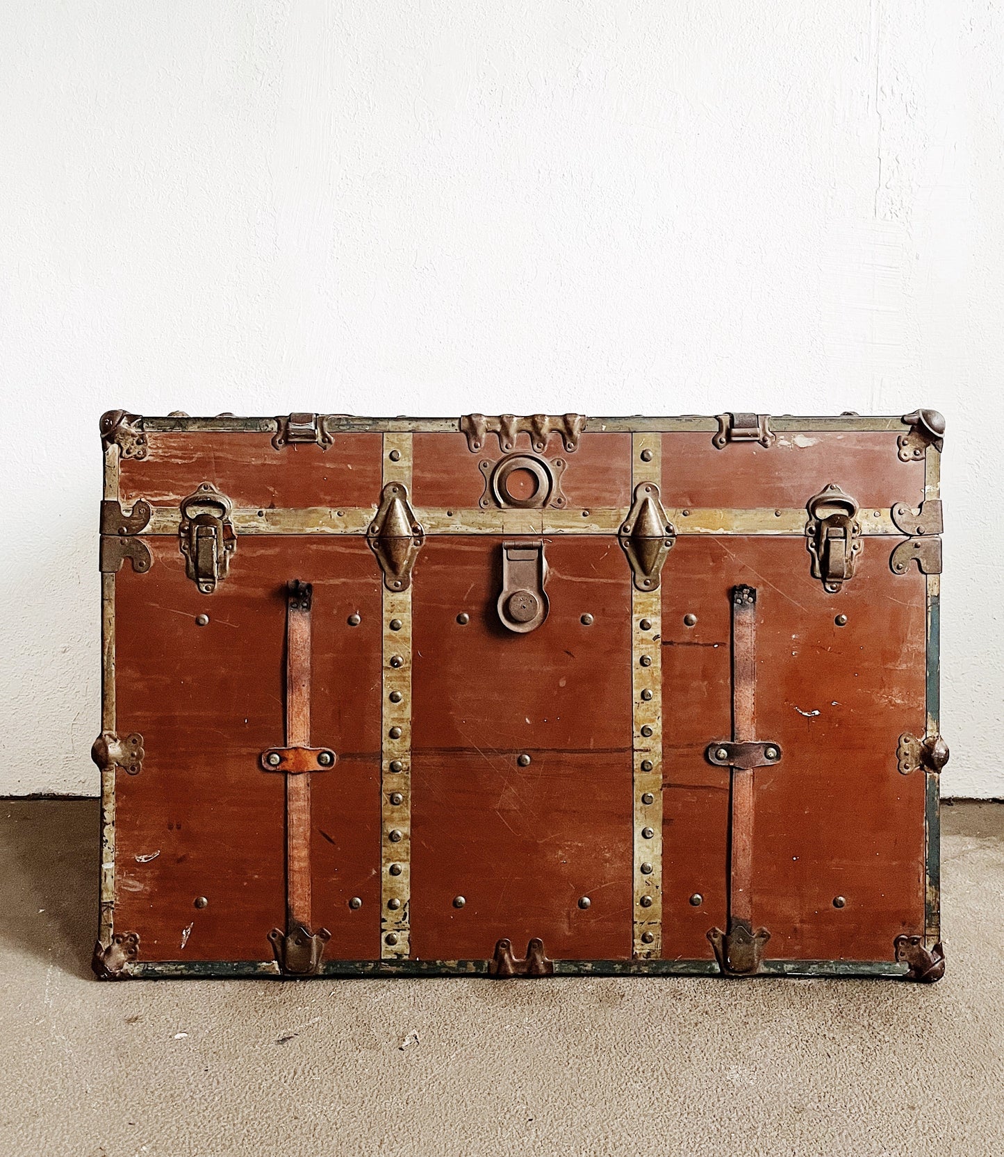 Tall Antique Leather Steamer Trunk