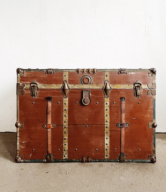 Tall Antique Leather Steamer Trunk