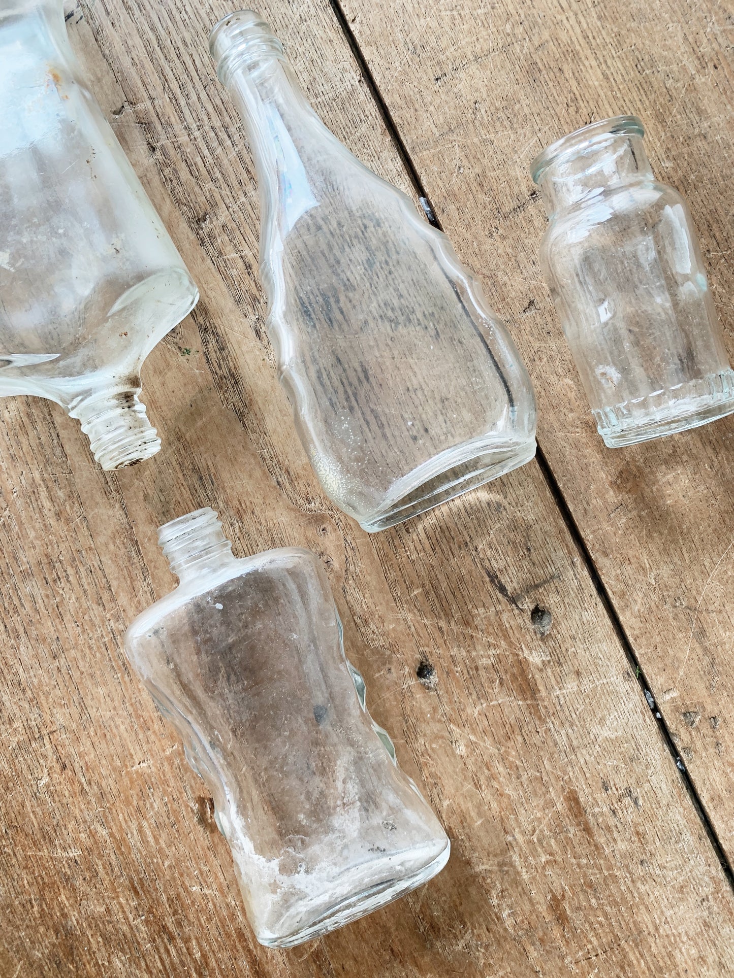 Vintage Glass Bottle Collection with Bamboo Tray