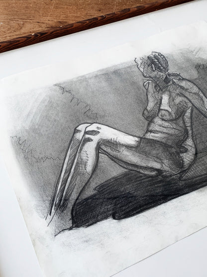 Large Vintage Framed Charcoal Nude