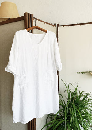 Match Point White Linen Shift Dress with Pockets