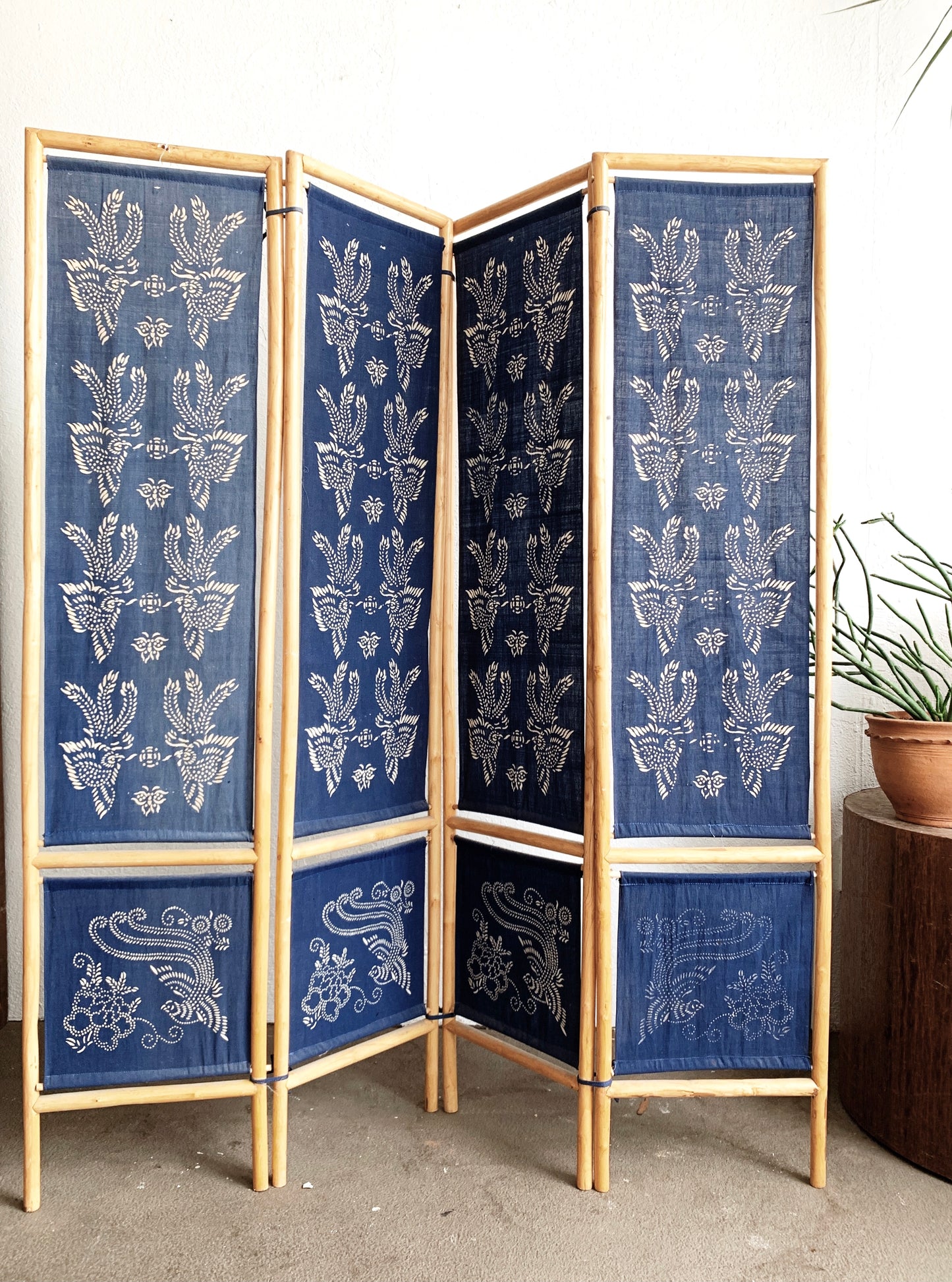 Vintage Bamboo Room Divider with Block Print Indigo Panels
