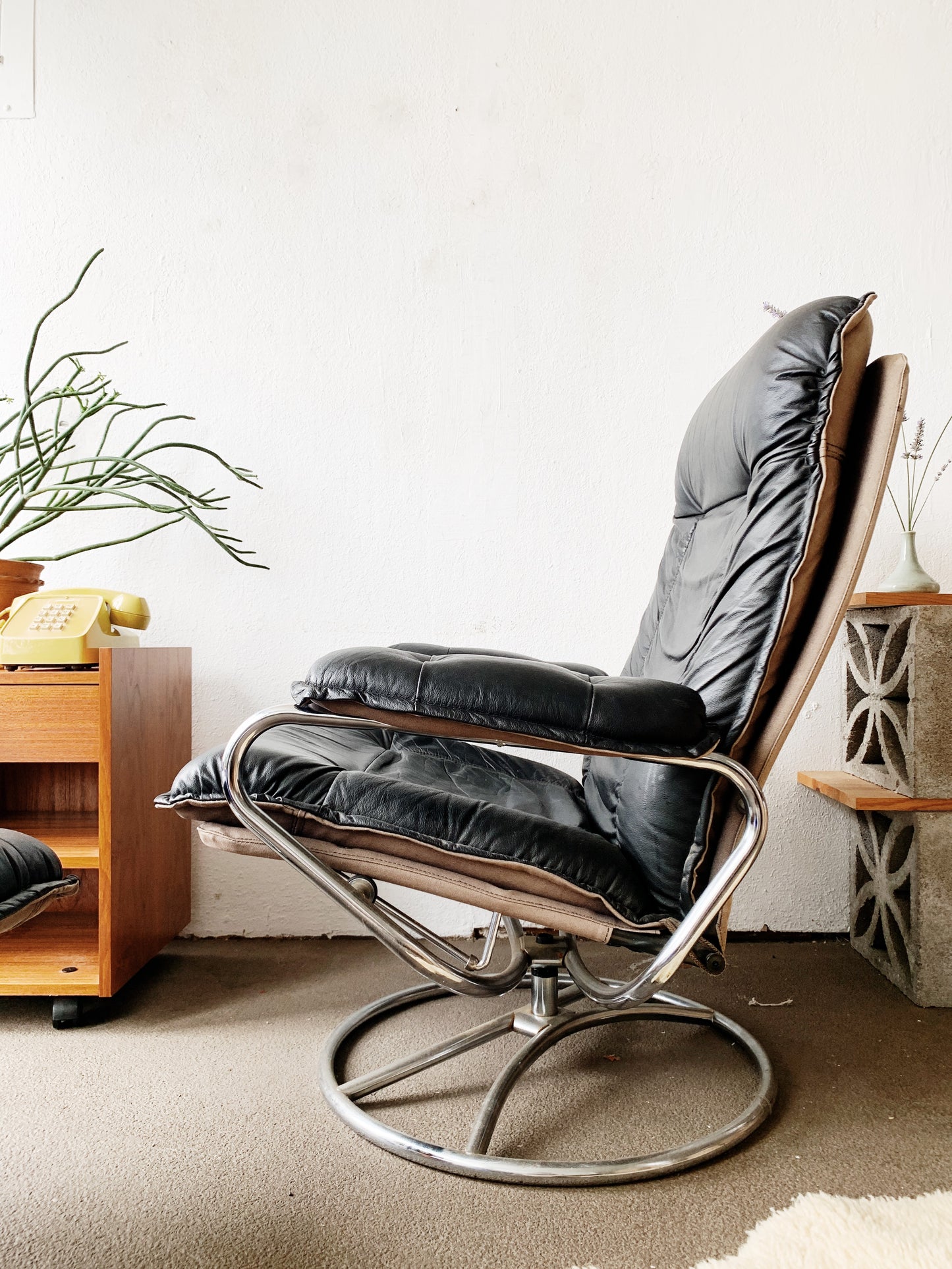 1970’s ChairWorks Black Leather Recliner with Ottoman