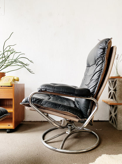1970’s ChairWorks Black Leather Recliner with Ottoman