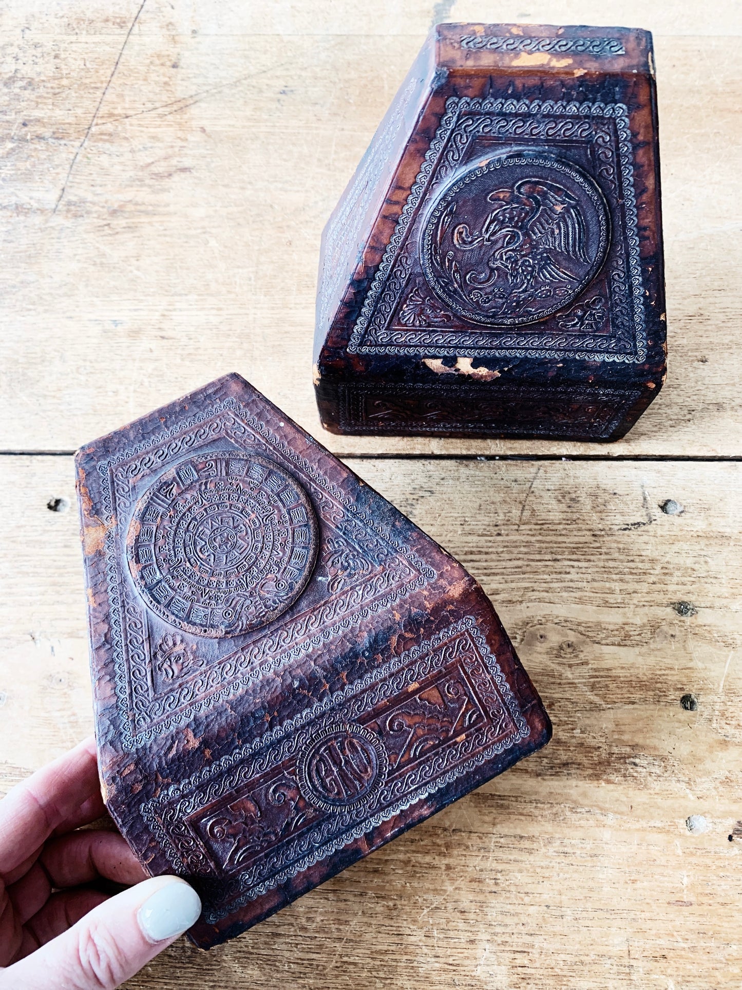 Antique Wood with Tooled Leather Overlay Bookends