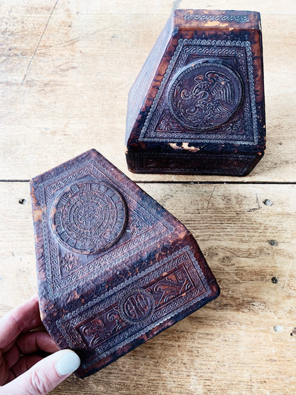 Antique Wood with Tooled Leather Overlay Bookends
