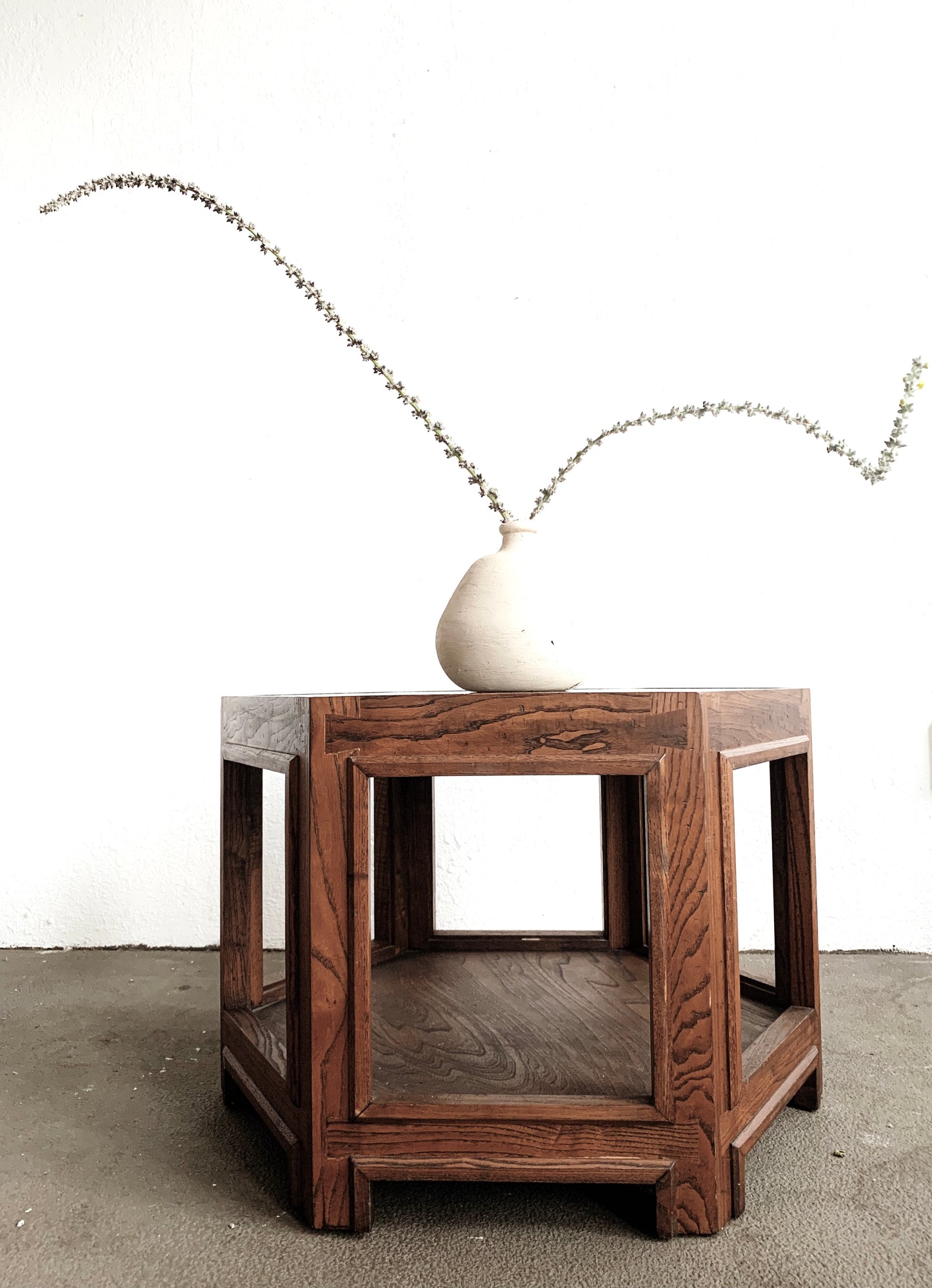 Vintage Wood Hexagon Coffee Table with Inlay Glass Top