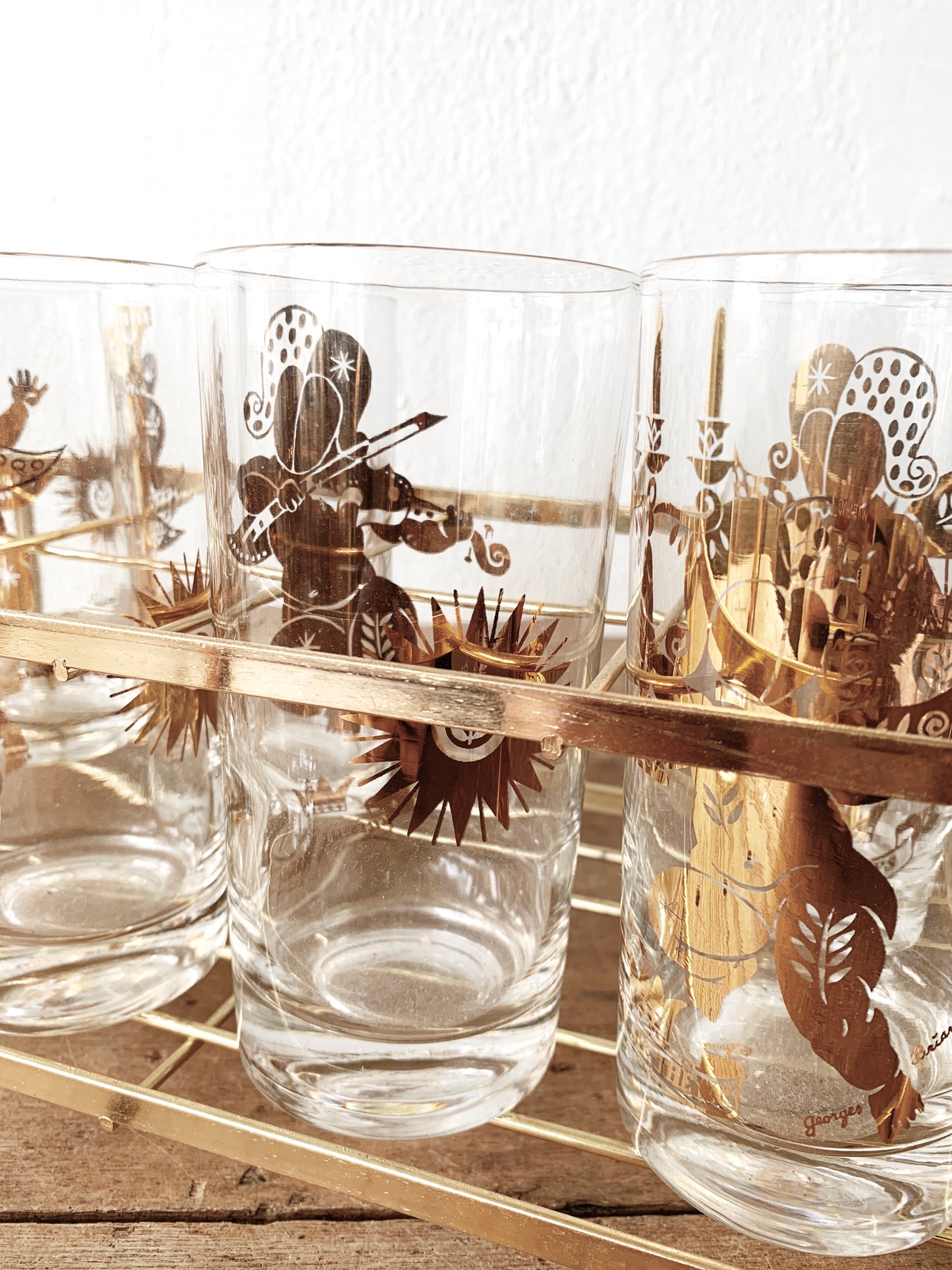 Mid century Georges Briard Set of Eight Gold Foil High Ball Glasses with Holder