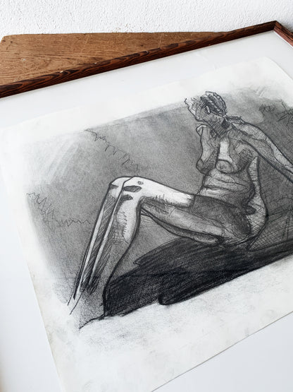 Large Vintage Framed Charcoal Nude