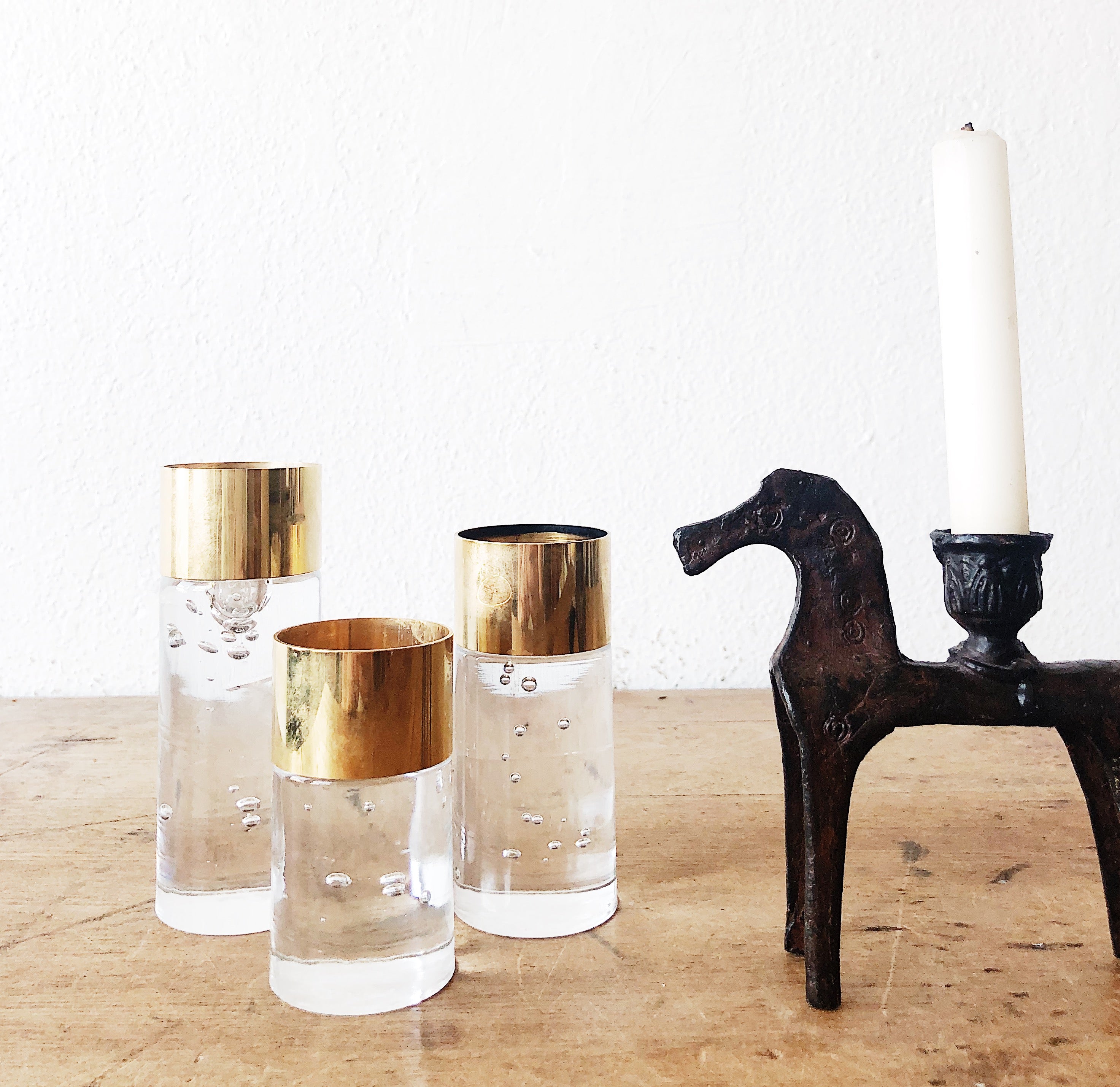 Vintage Swedish Nybro Crystal and Brass Candleholders - Thumbnail 2