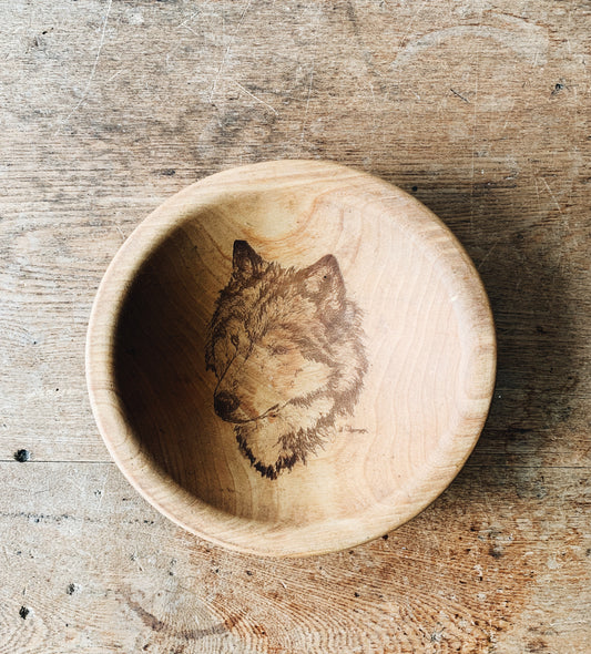 Wood Burned Wolf Bowl