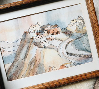 ‘Ancient Sky Castles’ Framed Watercolor & Ink