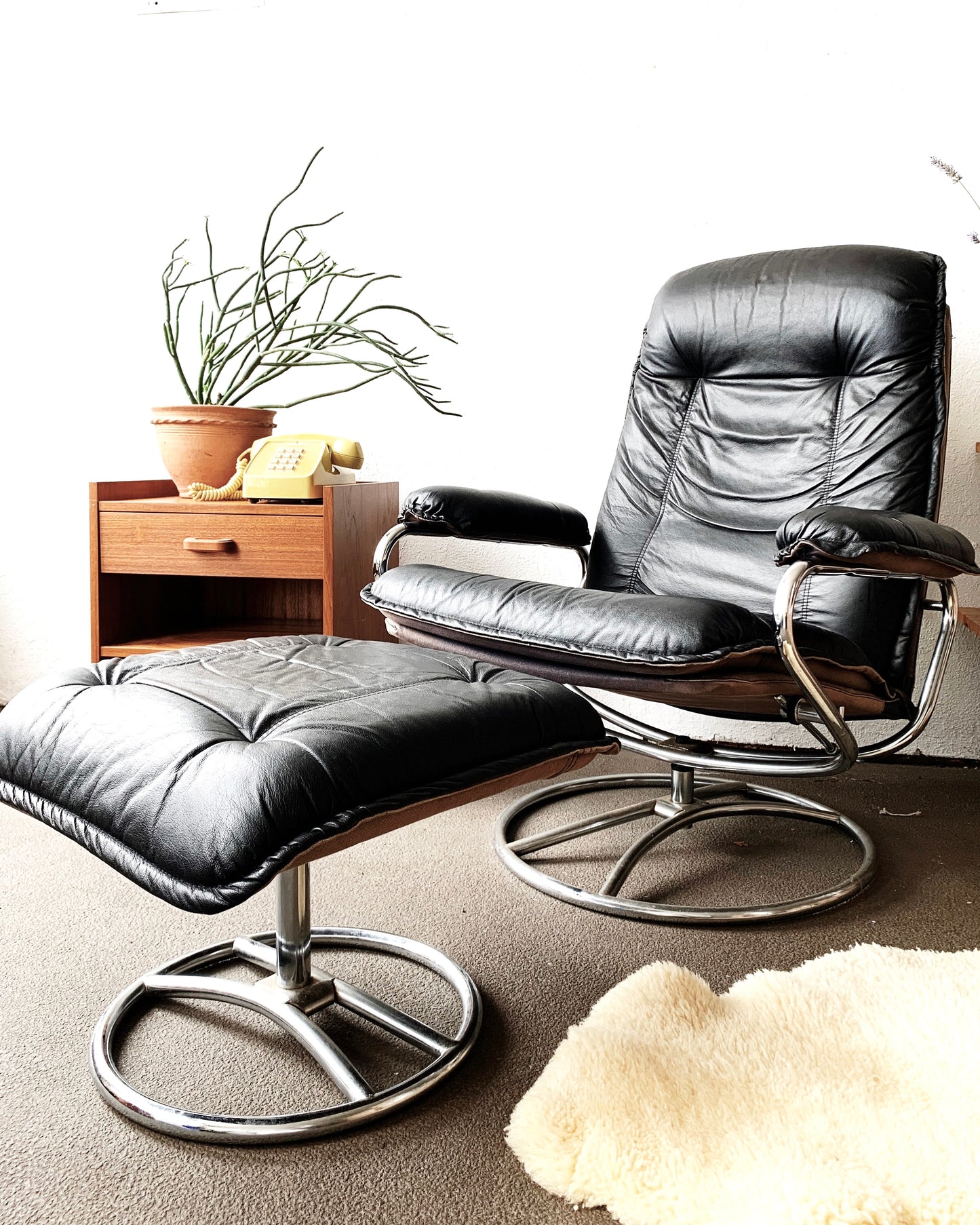 1970’s ChairWorks Black Leather Recliner with Ottoman