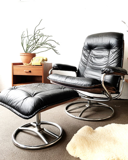 1970’s ChairWorks Black Leather Recliner with Ottoman