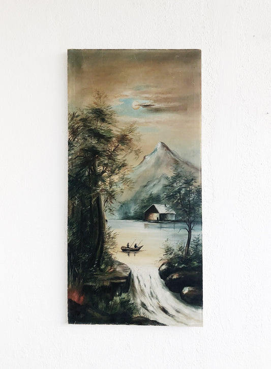 Large Antique Camp Oil Painting