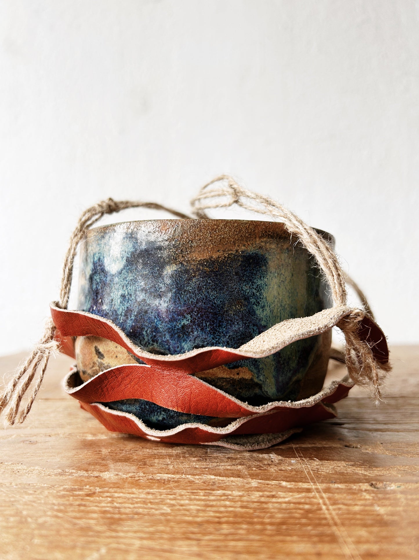 Handmade Leather Hanger with Vintage Stoneware Pot