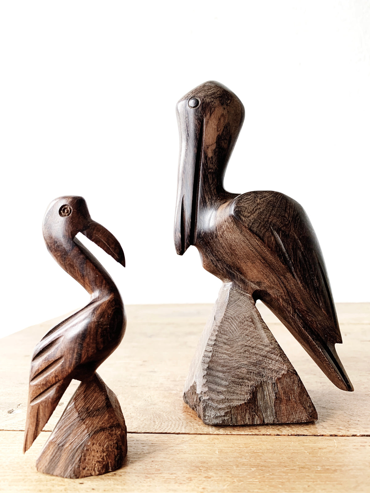 Mid Century Carved Wood Pelican Pair