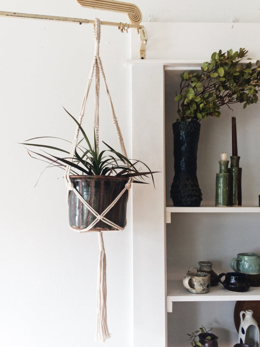 Mid Century Ceramic Pot With Macrame
