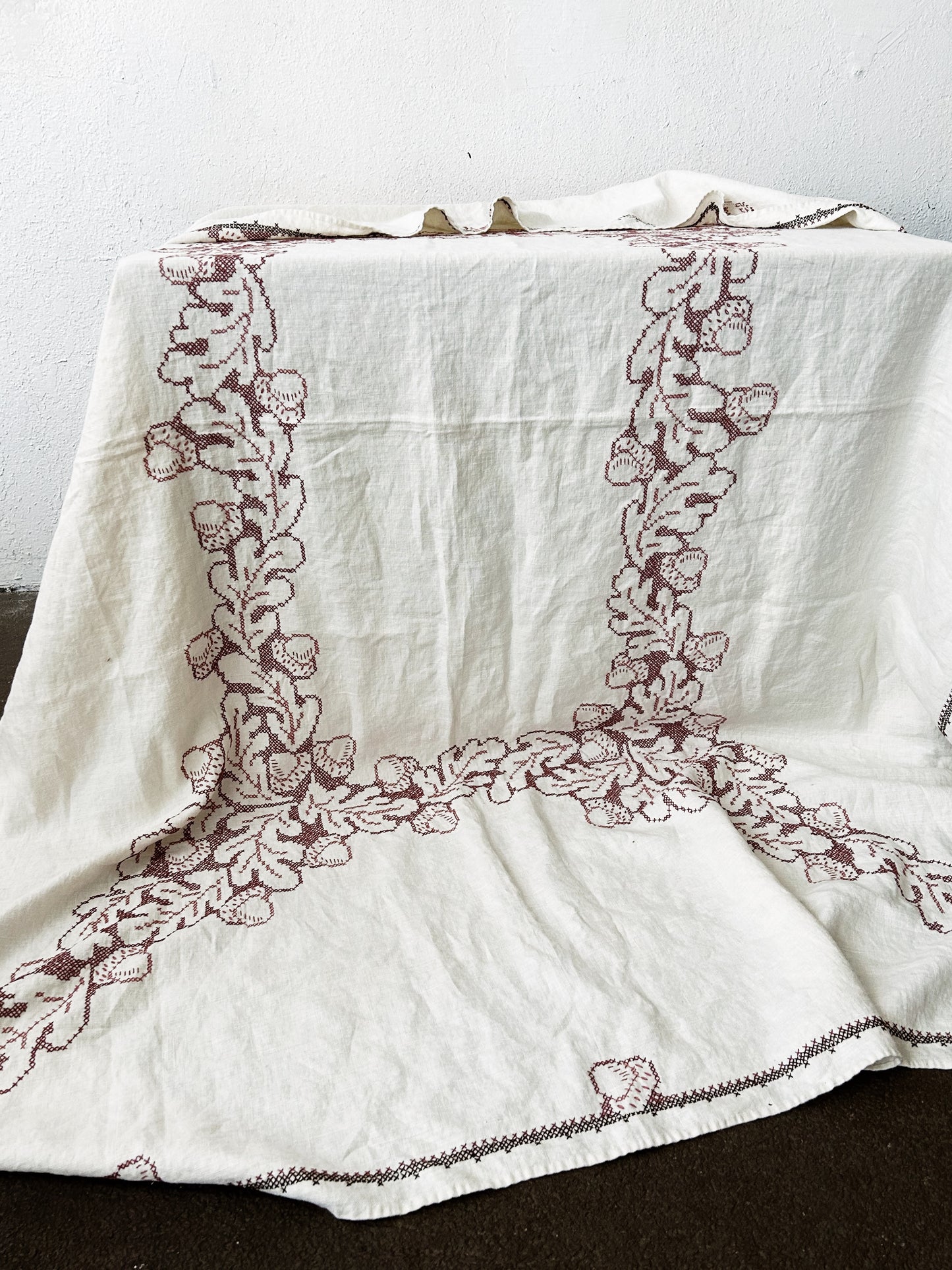 Large Vintage Embroidered Linen Tablecloth
