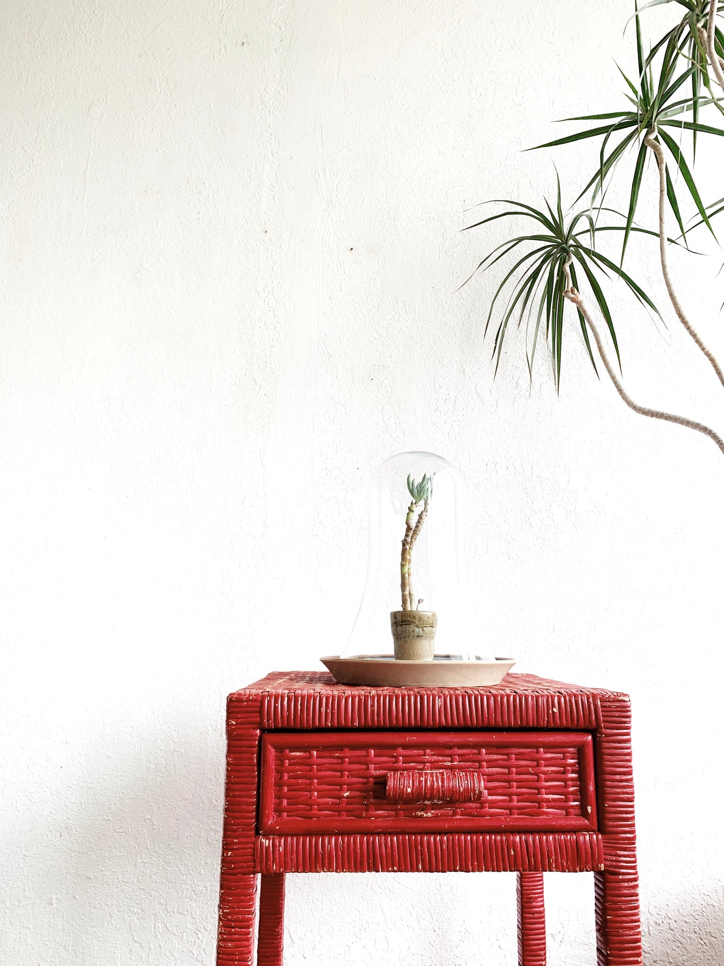 Vintage Wood Framed Wicker Side Table/Nightstand