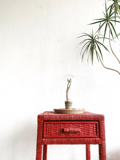 Vintage Wood Framed Wicker Side Table/Nightstand