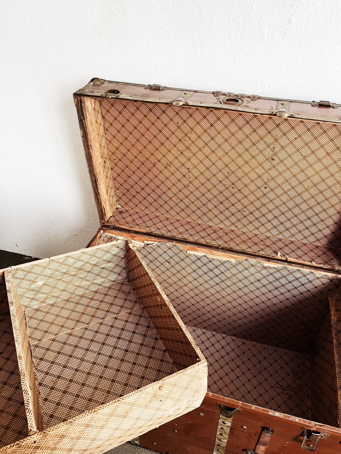 Tall Antique Leather Steamer Trunk