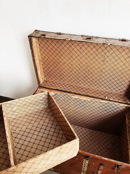 Tall Antique Leather Steamer Trunk