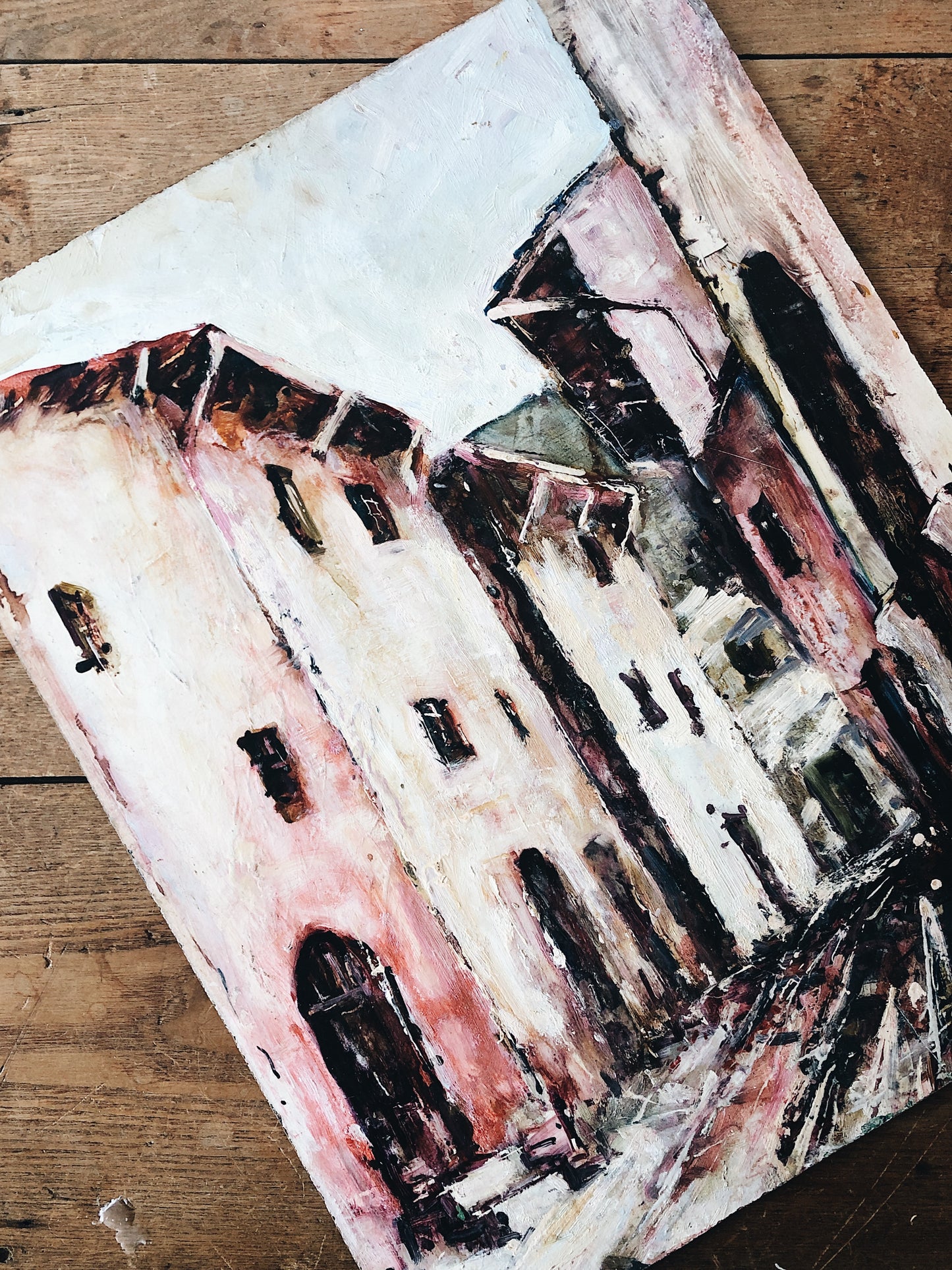 Vintage Pastel Town Oil Painting