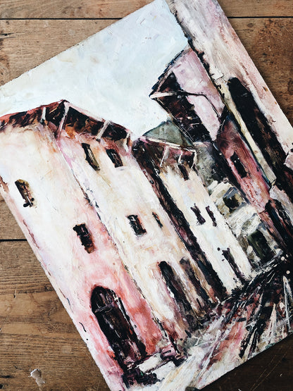 Vintage Pastel Town Oil Painting
