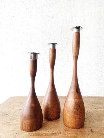 Vintage Wood Candle Holder Trio