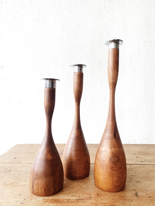 Vintage Wood Candle Holder Trio