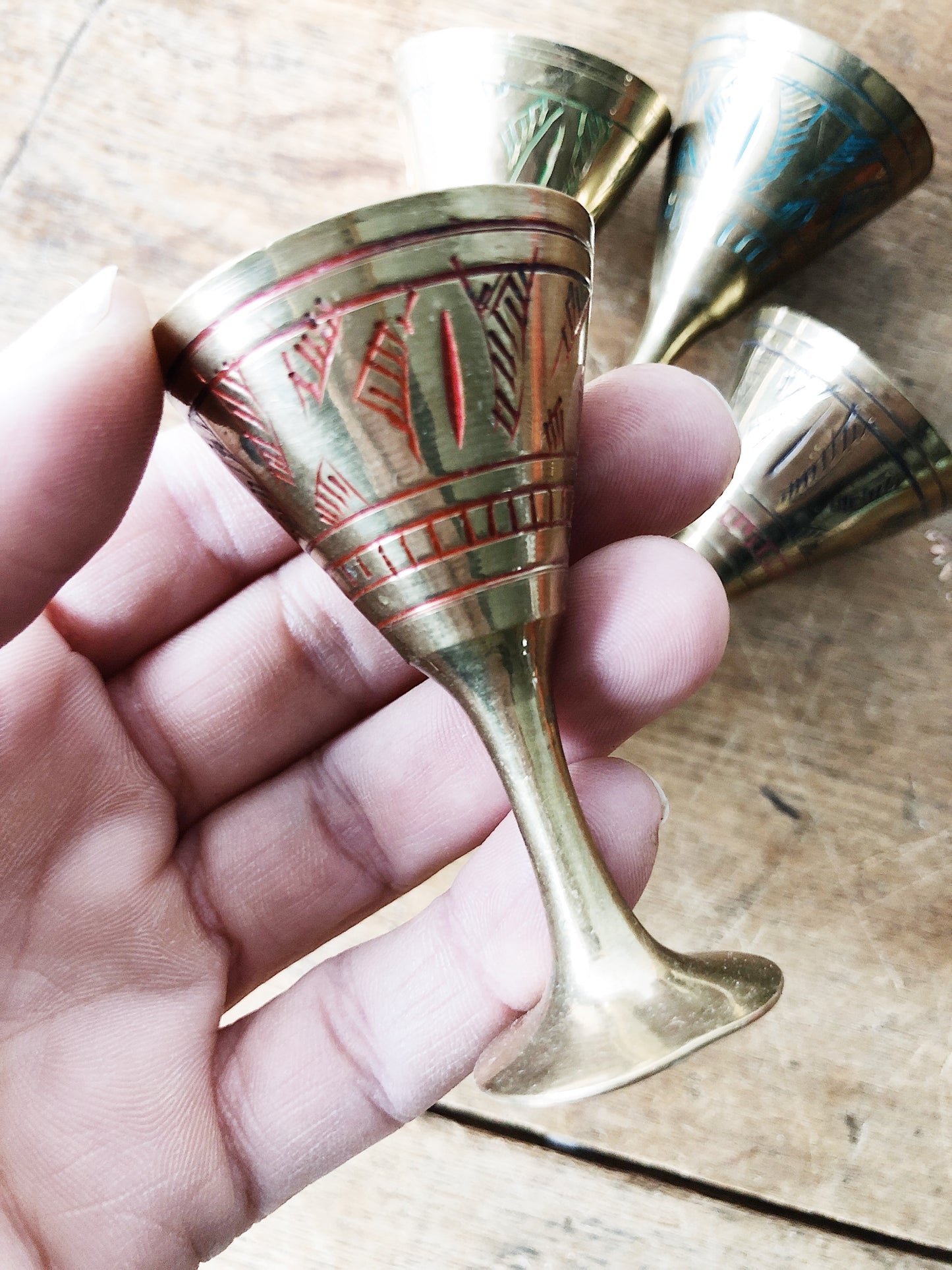 Vintage Incised Brass Cup Set
