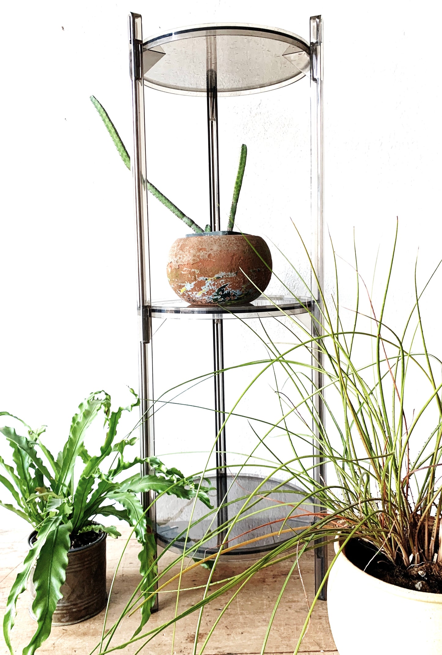 Vintage Smoky Lucite Triple Plant Stand