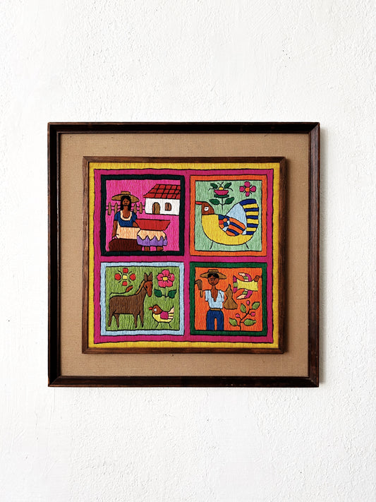 Vintage Framed Folk Art Needlepoint