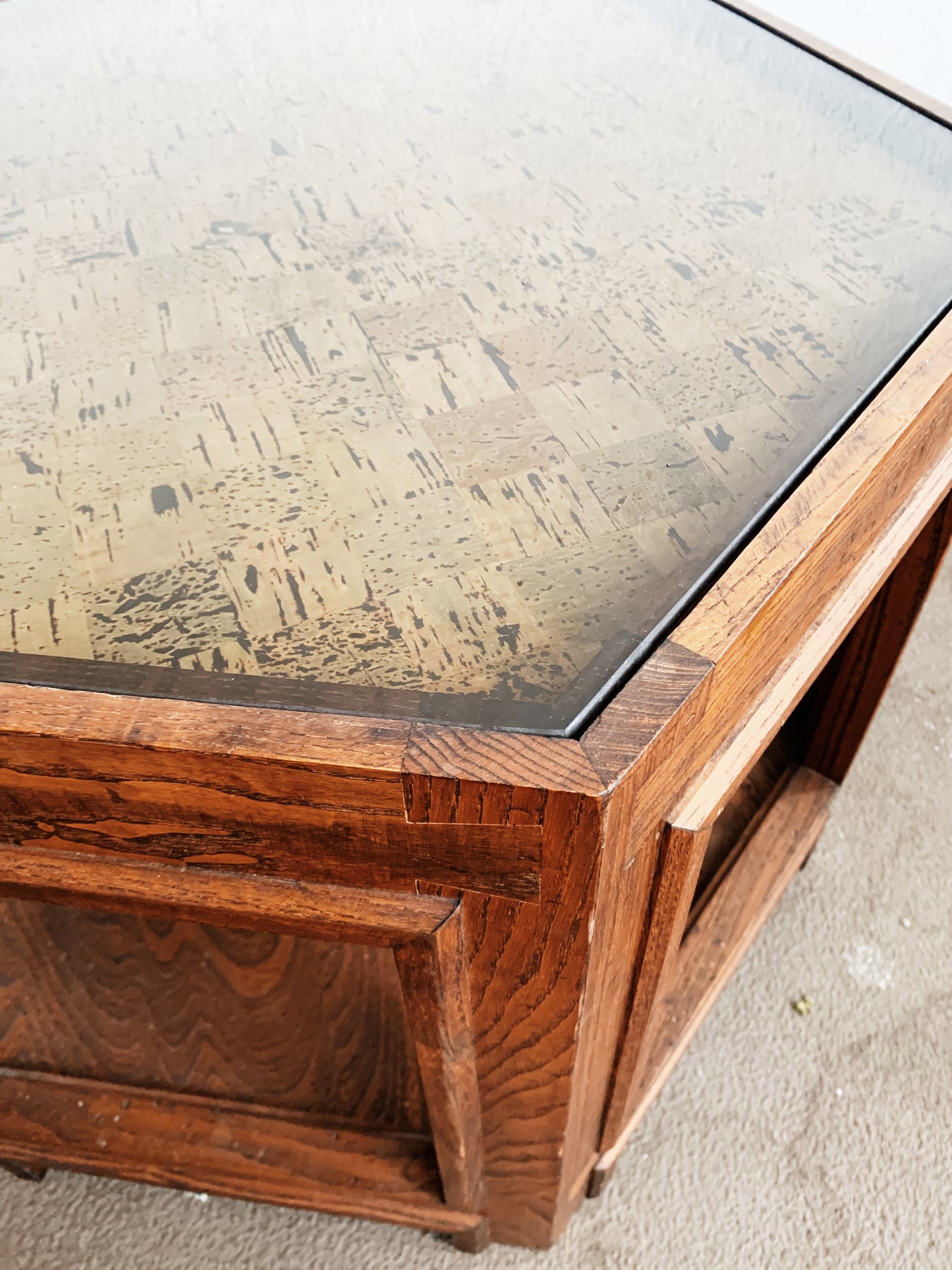 Vintage Wood Hexagon Coffee Table with Inlay Glass Top