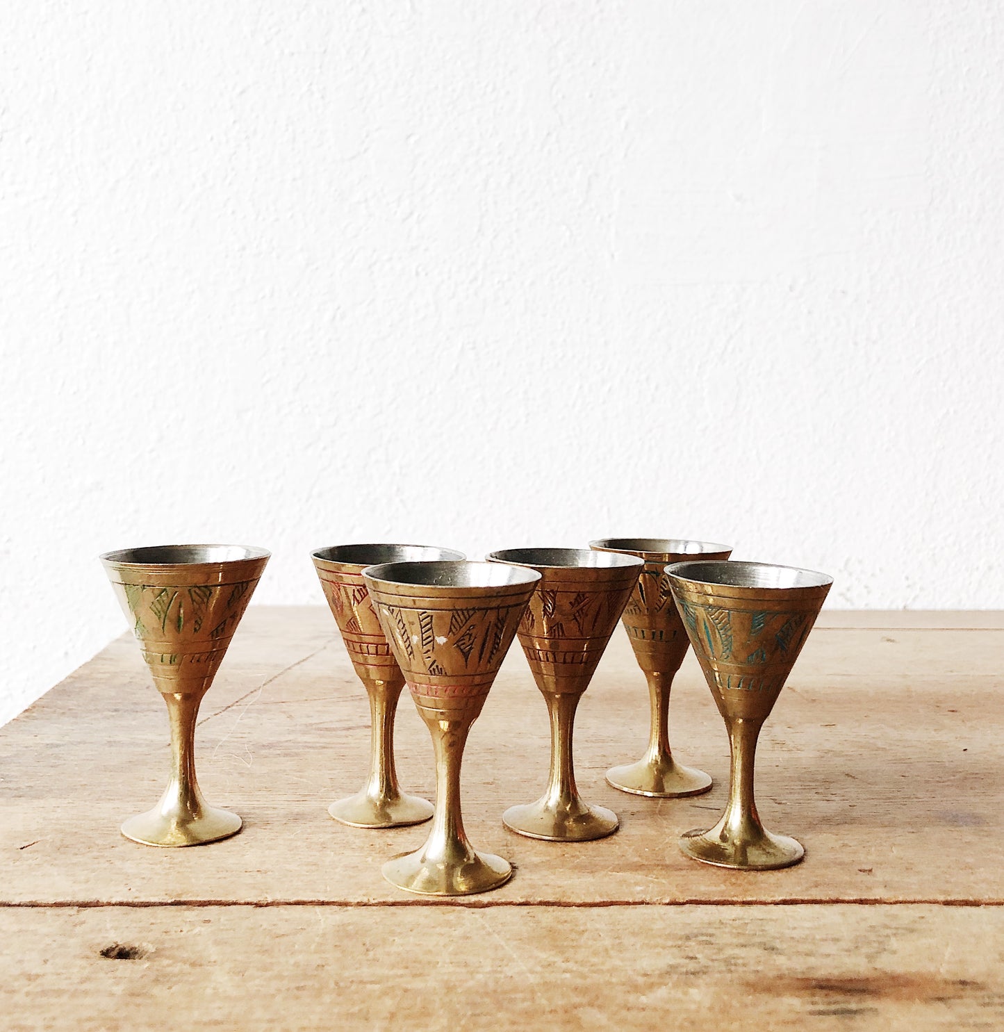 Vintage Incised Brass Cup Set