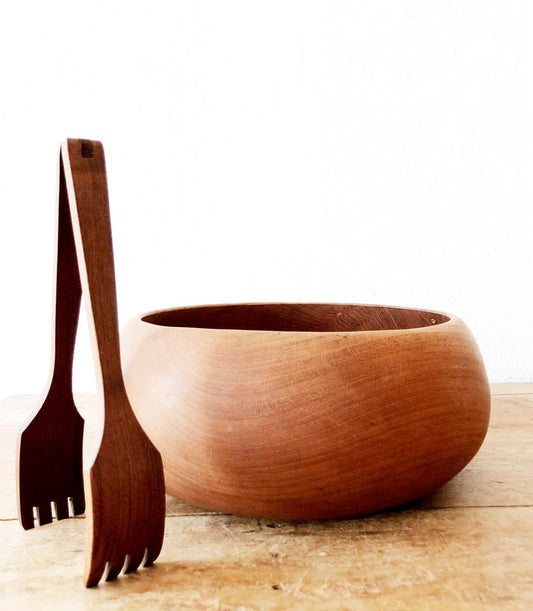 Large Vintage Teak Salad Bowl and Server Set