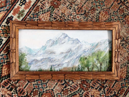 Vintage Watercolor Landscape in Carved Wood