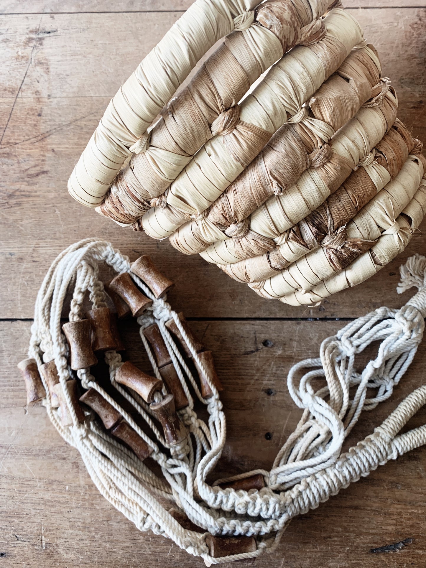 Vintage Macrame Plant Hanger with Coil Basket