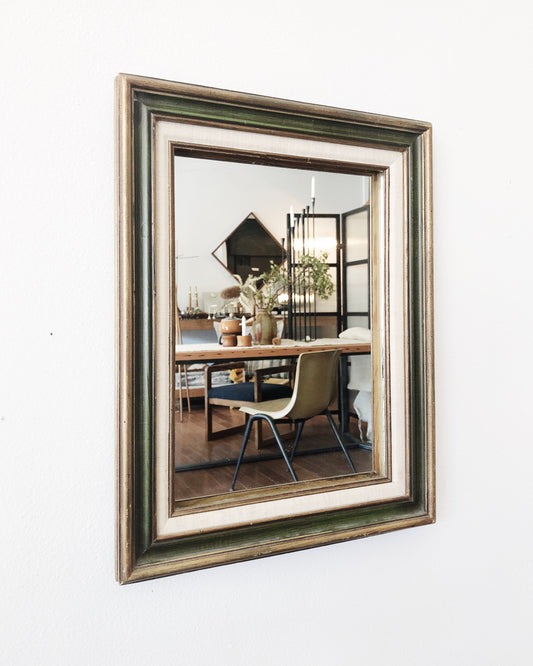 Vintage Wood and Linen Framed Mirror