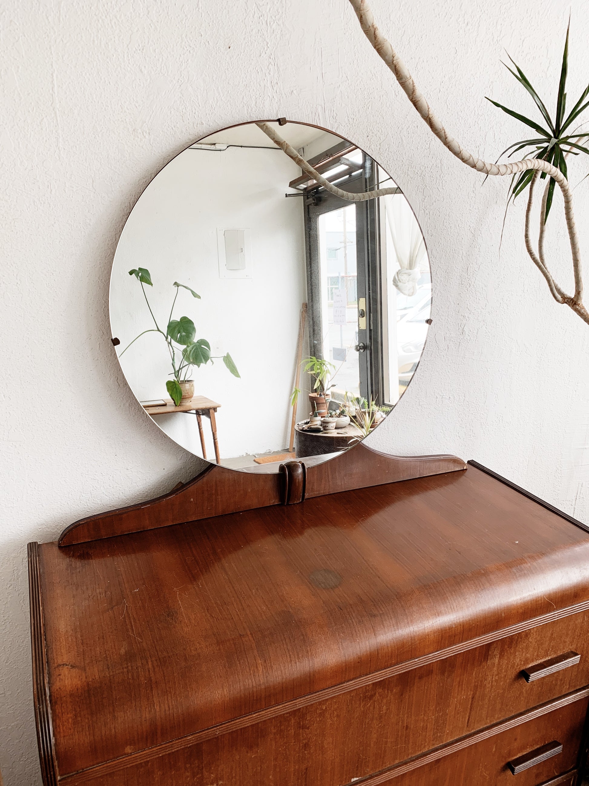 vintage dresser with round mirror 1940’s Wood Dresser and Mirror