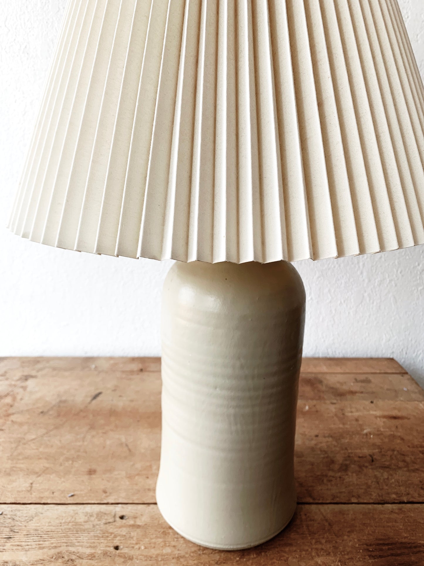 Vintage Taupe Pottery Lamp with Cream Pleated Shade