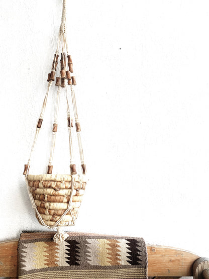 Vintage Macrame Plant Hanger with Coil Basket