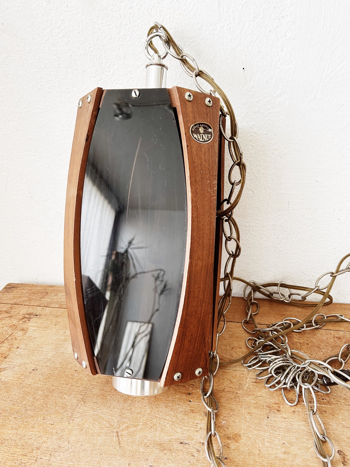 Mid Century Walnut and Smoky Lucite  Pendant