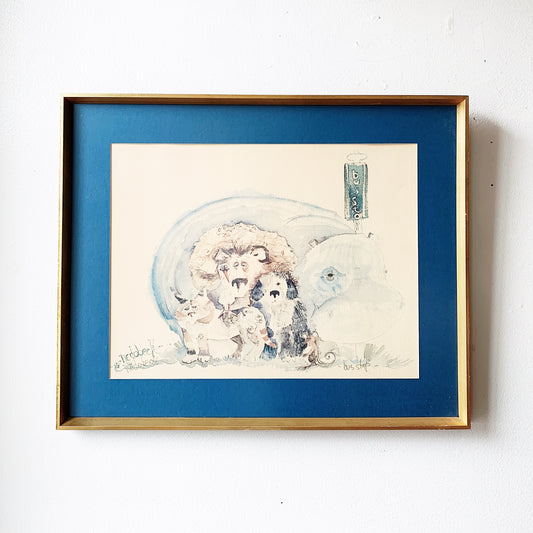 Vintage Framed Watercolor ‘Animal Bus Stop’
