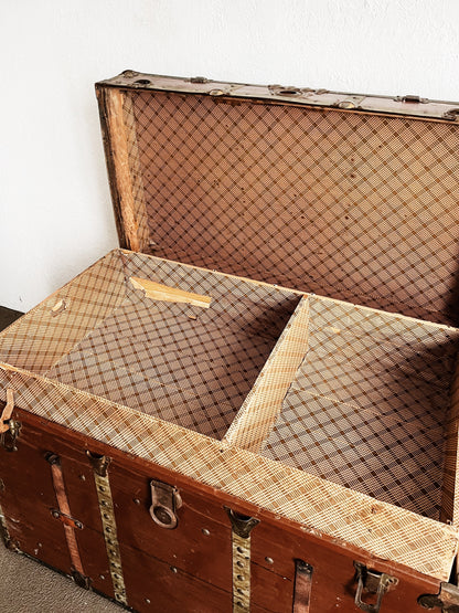 Tall Antique Leather Steamer Trunk